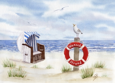 Postkarte DIN-A5 Aquarell Maritim Kunst Druck Kunstdruck Nordsee Cuxhaven Strandkorb Strand Meer Möwe